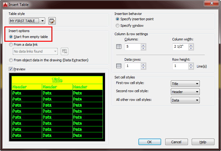 Insert table, insert options, Start from empty table, OK