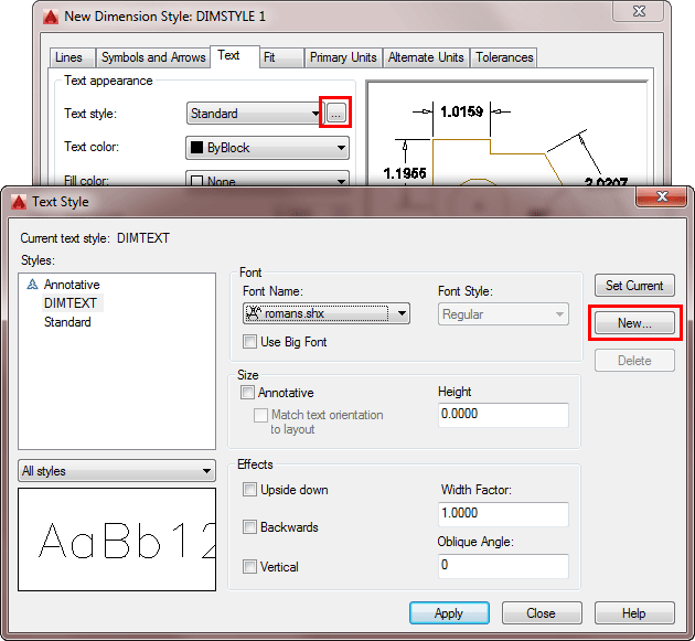 autocad text styles chart