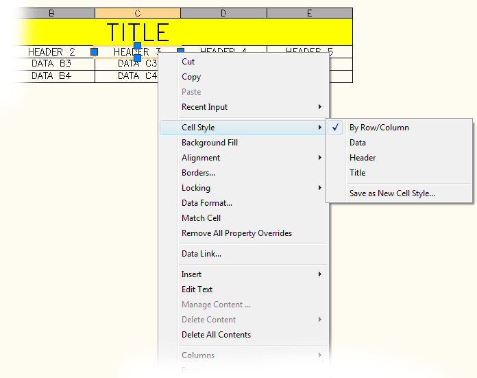 Right-clicking a table in AutoCAD 2007